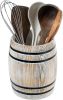 Wine Barrel Design Kitchen Utensil Holder Crock, Vintage White Washed Solid Wood Cooking Utensils Organizer